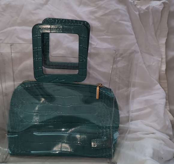 STAUD Teal Croc-Embossed Tote with Clear Overlay - Picture 2 of 5